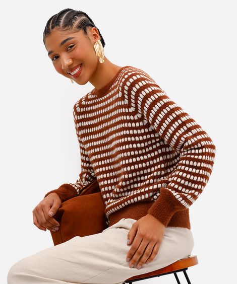suéter feminino de tricot listrado com lurex marrom