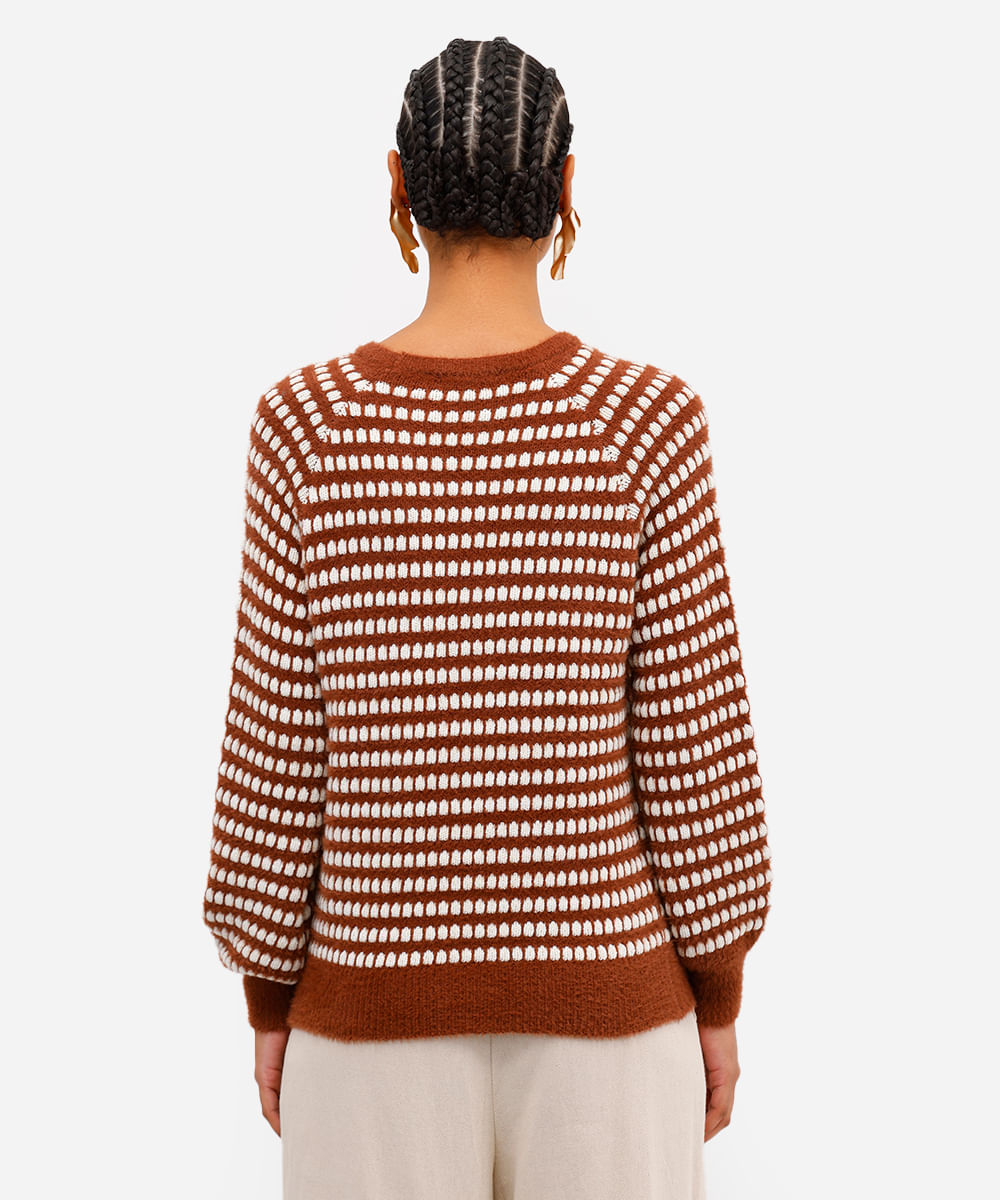 suéter feminino de tricot listrado com lurex marrom