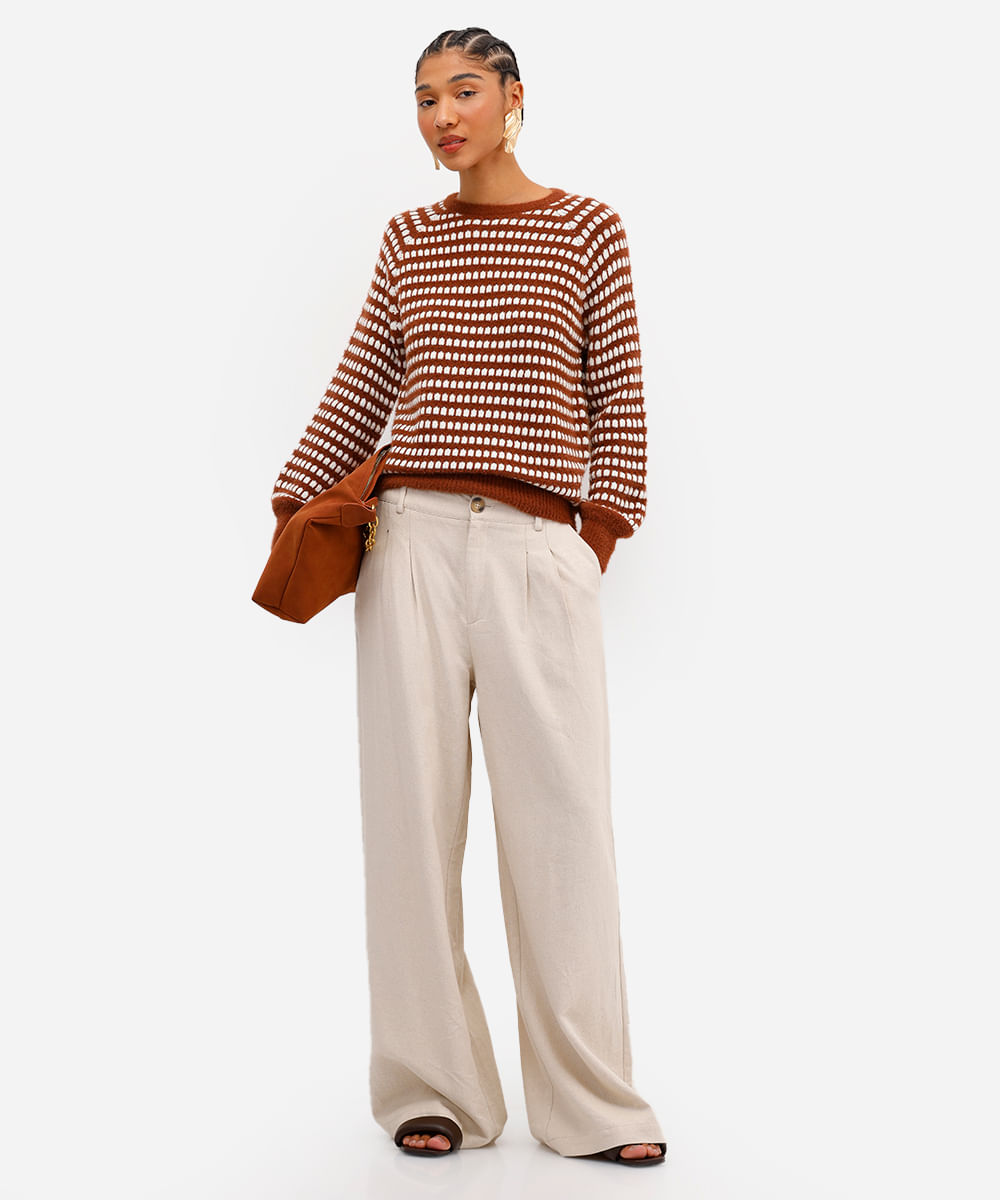 suéter feminino de tricot listrado com lurex marrom