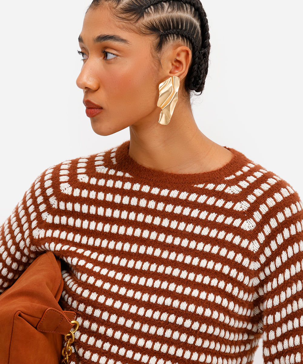 suéter feminino de tricot listrado com lurex marrom