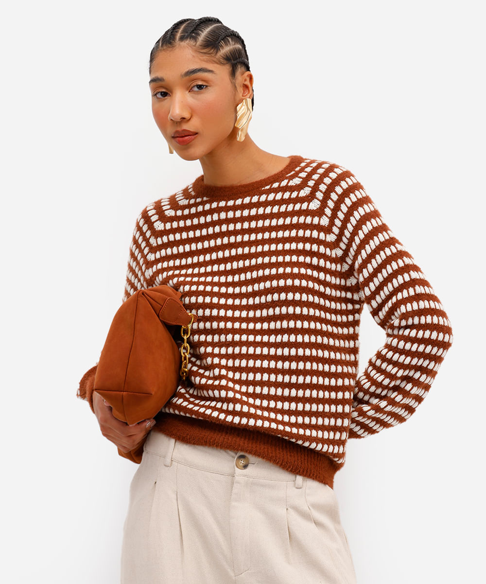 suéter feminino de tricot listrado com lurex marrom