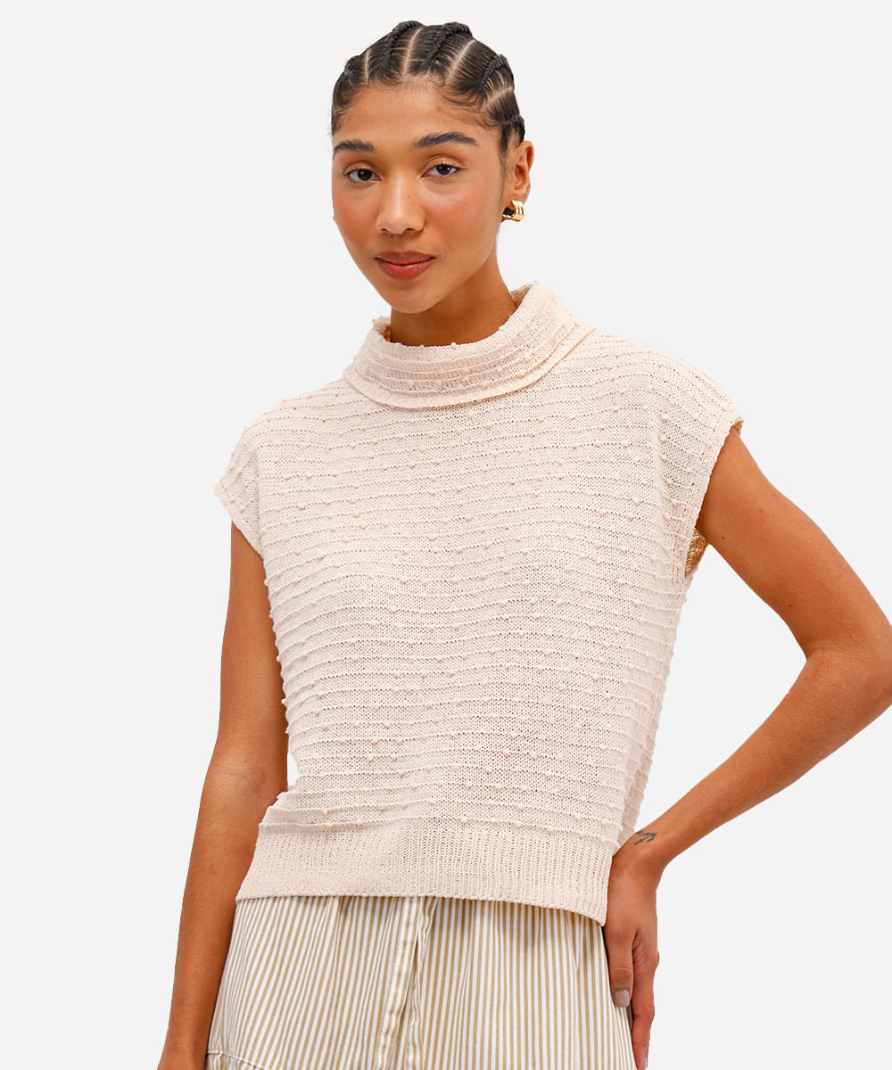 regata de tricot pompom gola alta rolê - areia