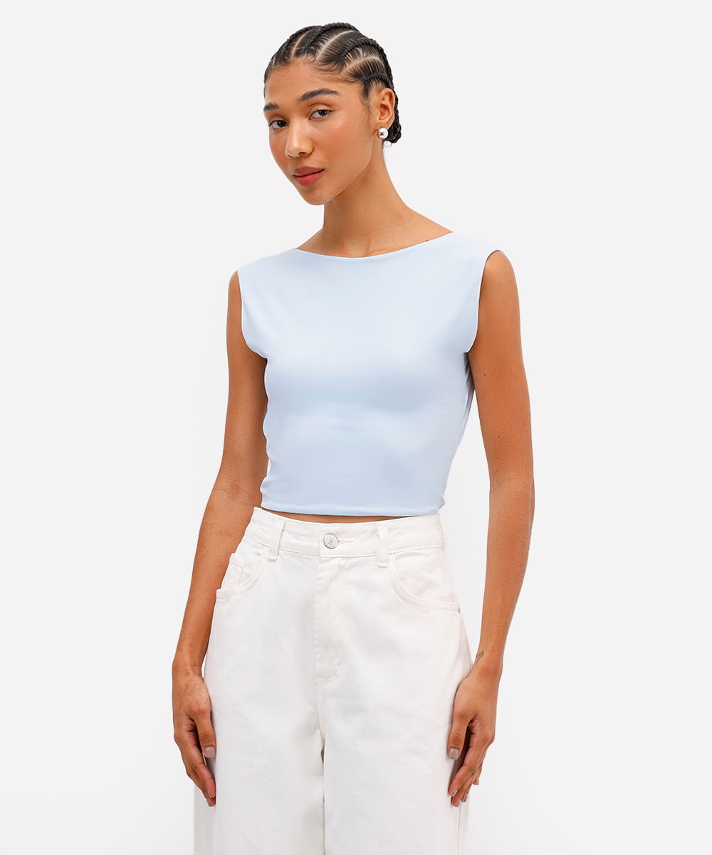 top feminino de poliamida decote nas costas azul