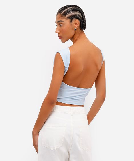 top feminino de poliamida decote nas costas azul