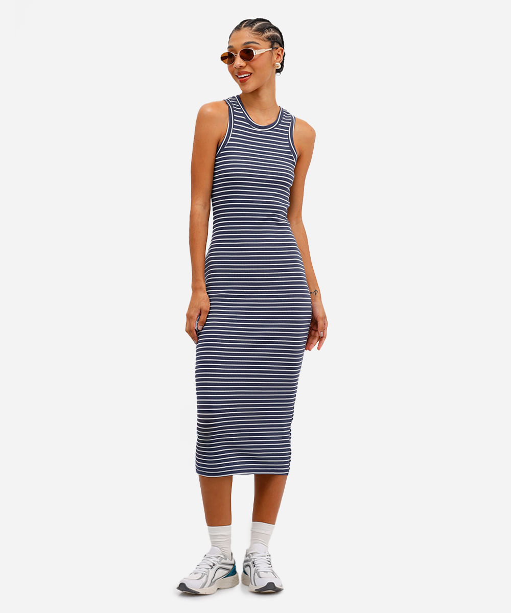 vestido midi feminino básico canelado listrado azul