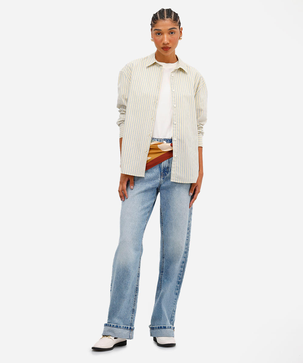 camisa feminina de algodão oversized listrada amarela