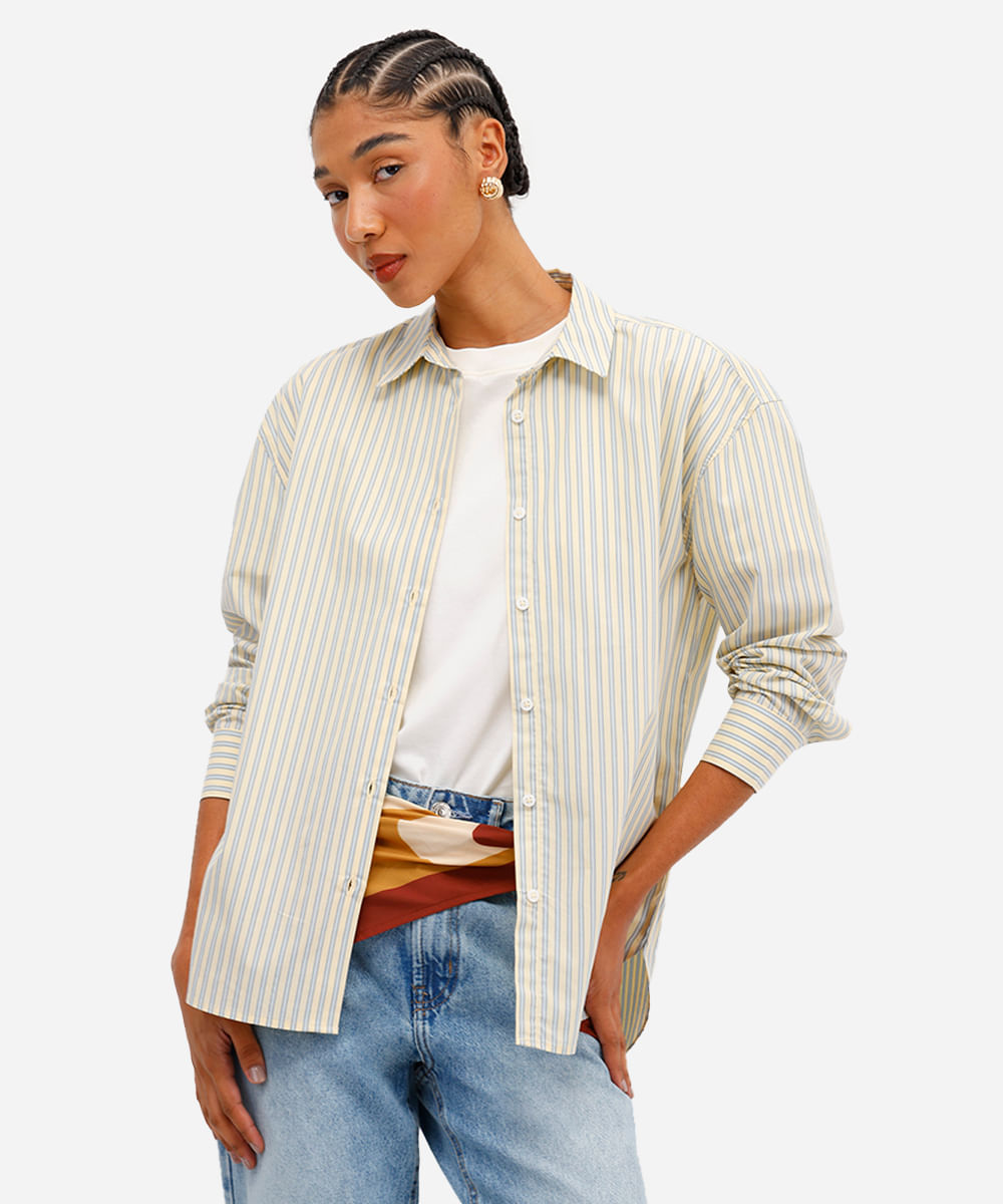 camisa feminina de algodão oversized listrada amarela