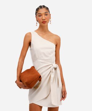 vestido ombro único com linho e amarração bege