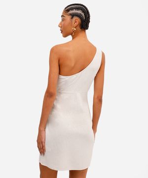 vestido ombro único com linho e amarração bege
