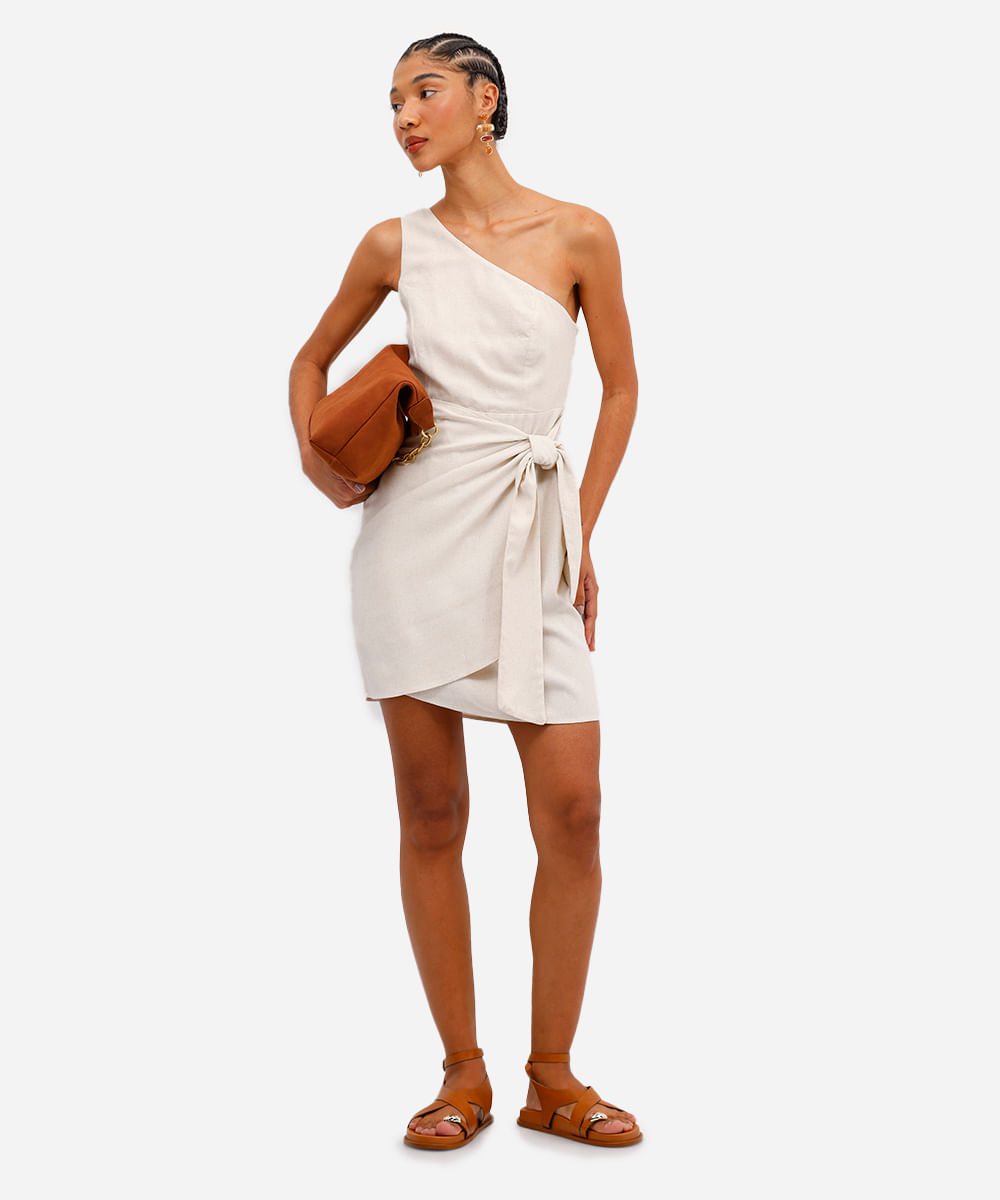 vestido ombro único com linho e amarração bege