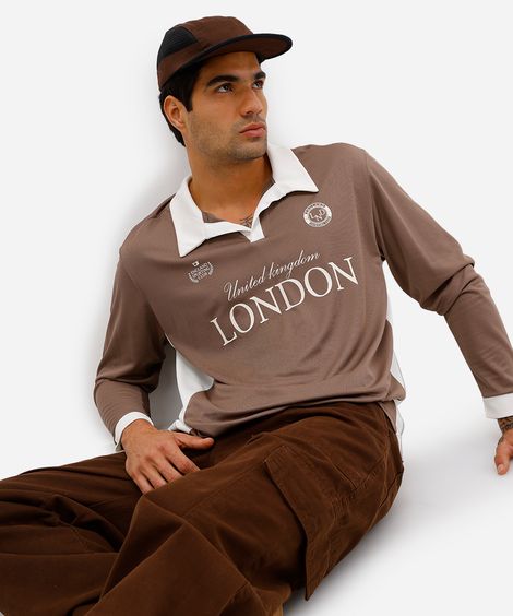 camiseta retrô unissex com gola manga longa london bege