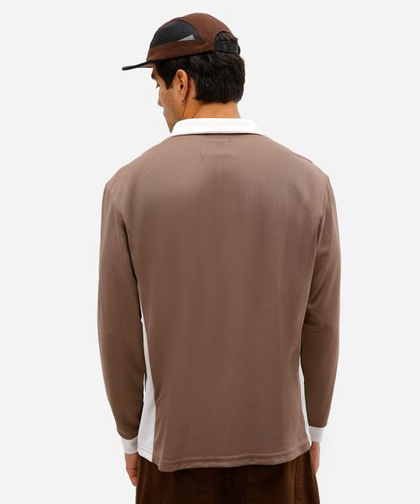 camiseta retrô unissex com gola manga longa london bege