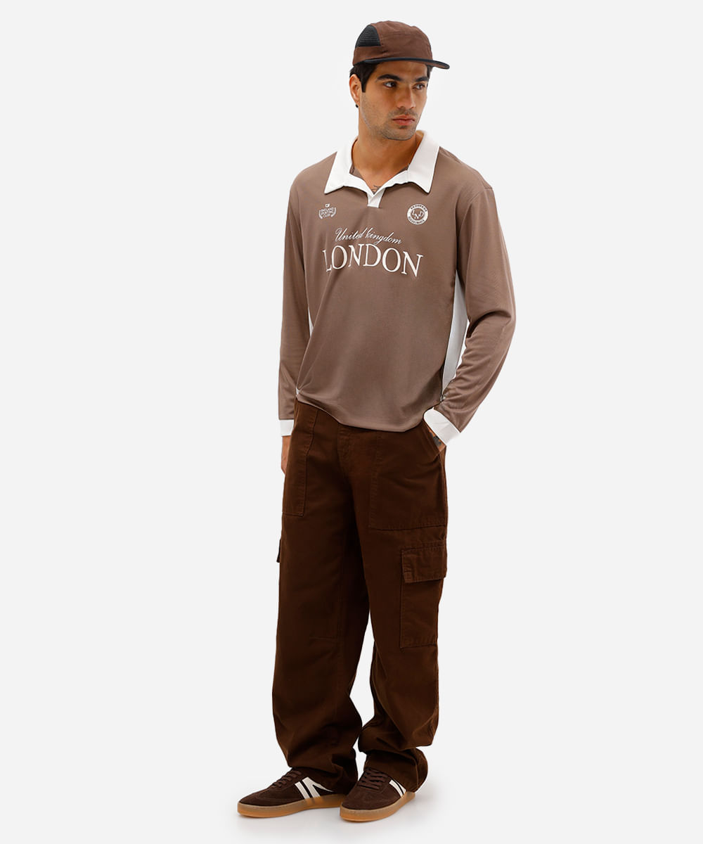camiseta retrô unissex com gola manga longa london bege