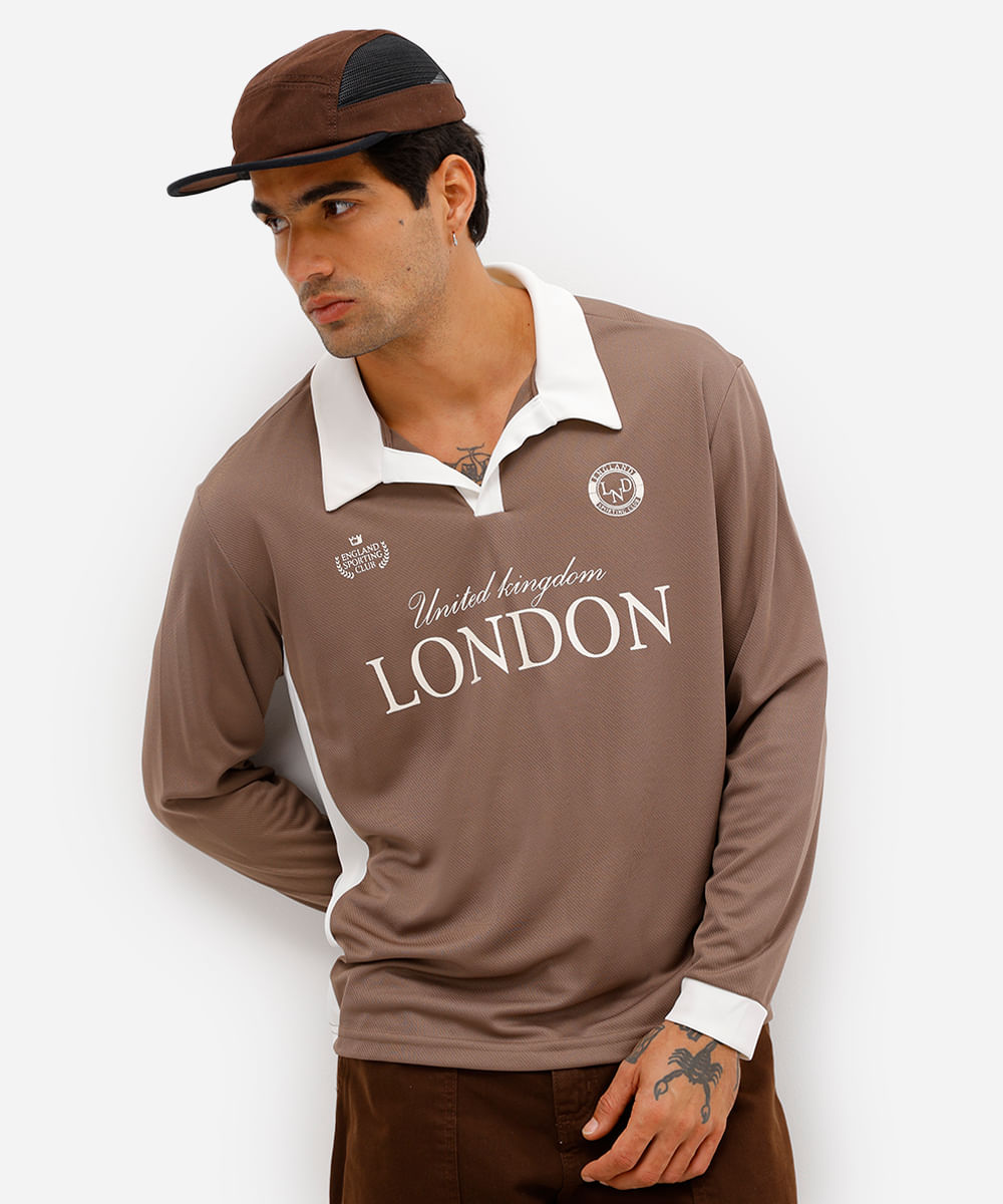 camiseta retrô unissex com gola manga longa london bege