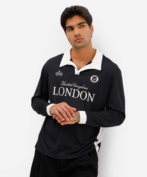 camiseta retrô unissex com gola manga longa london preta