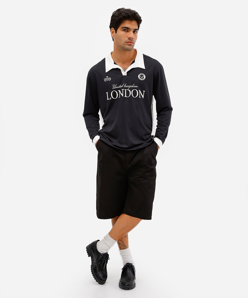 camiseta retrô unissex com gola manga longa london preta