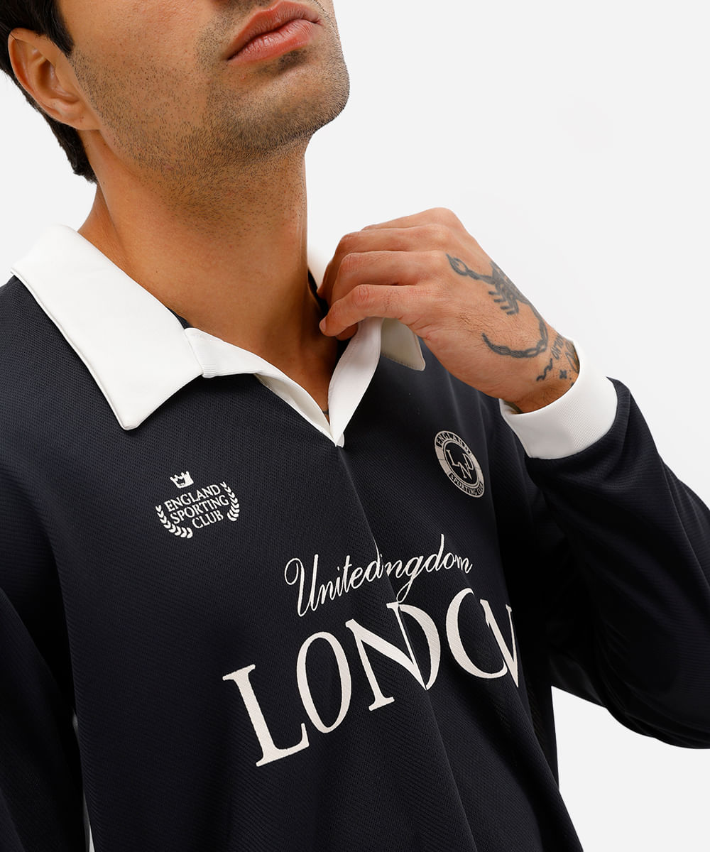 camiseta retrô unissex com gola manga longa london preta