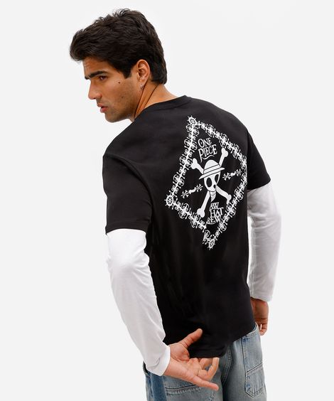 camiseta masculina de algodão manga longa one piece preta