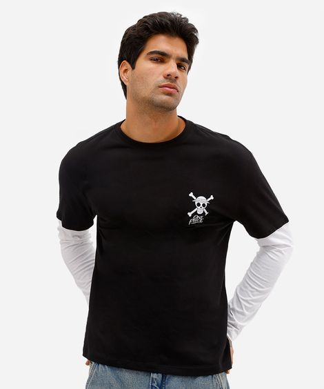 camiseta masculina de algodão manga longa one piece preta