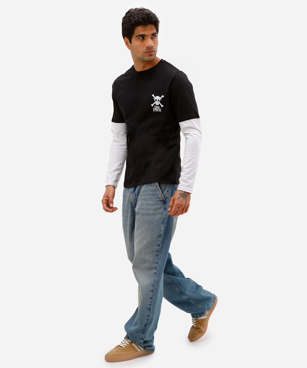camiseta masculina de algodão manga longa one piece preta