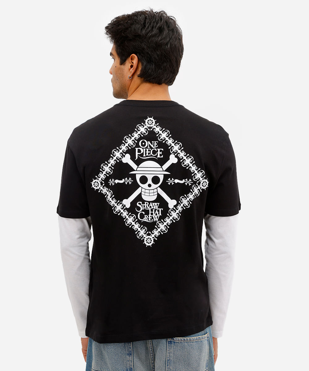 camiseta masculina de algodão manga longa one piece preta