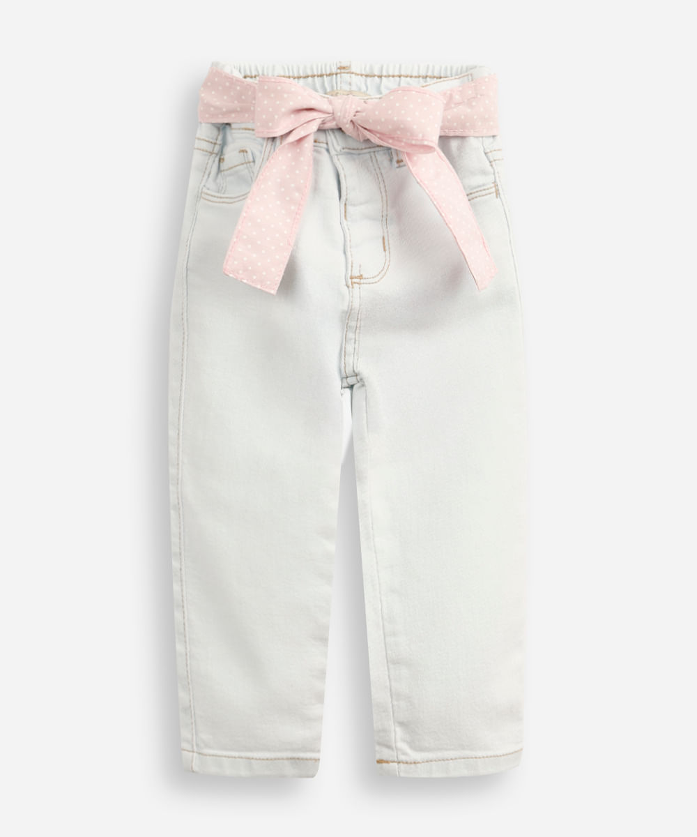 calça skinny infantil jeans com faixa poá azul