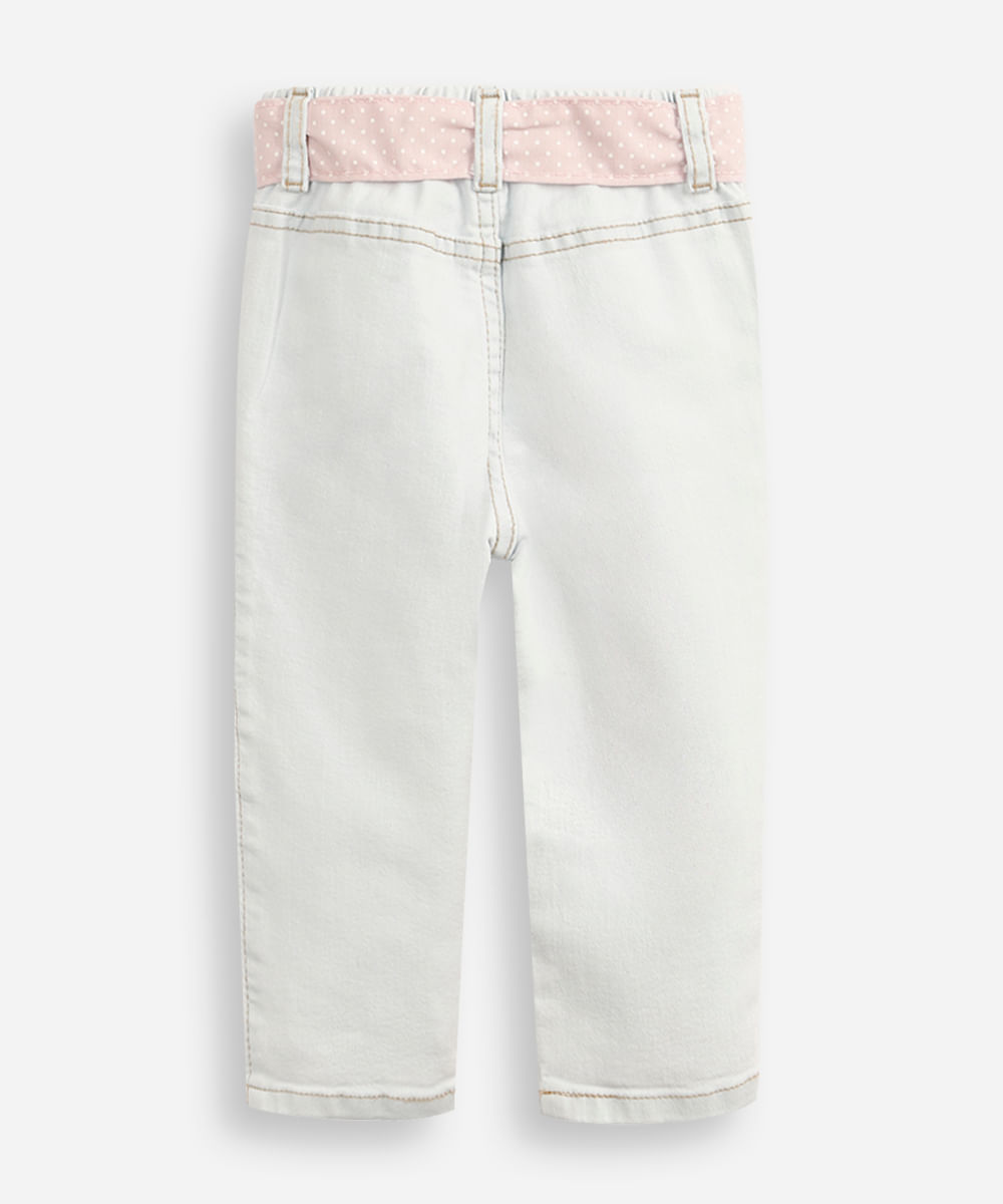 calça skinny infantil jeans com faixa poá azul