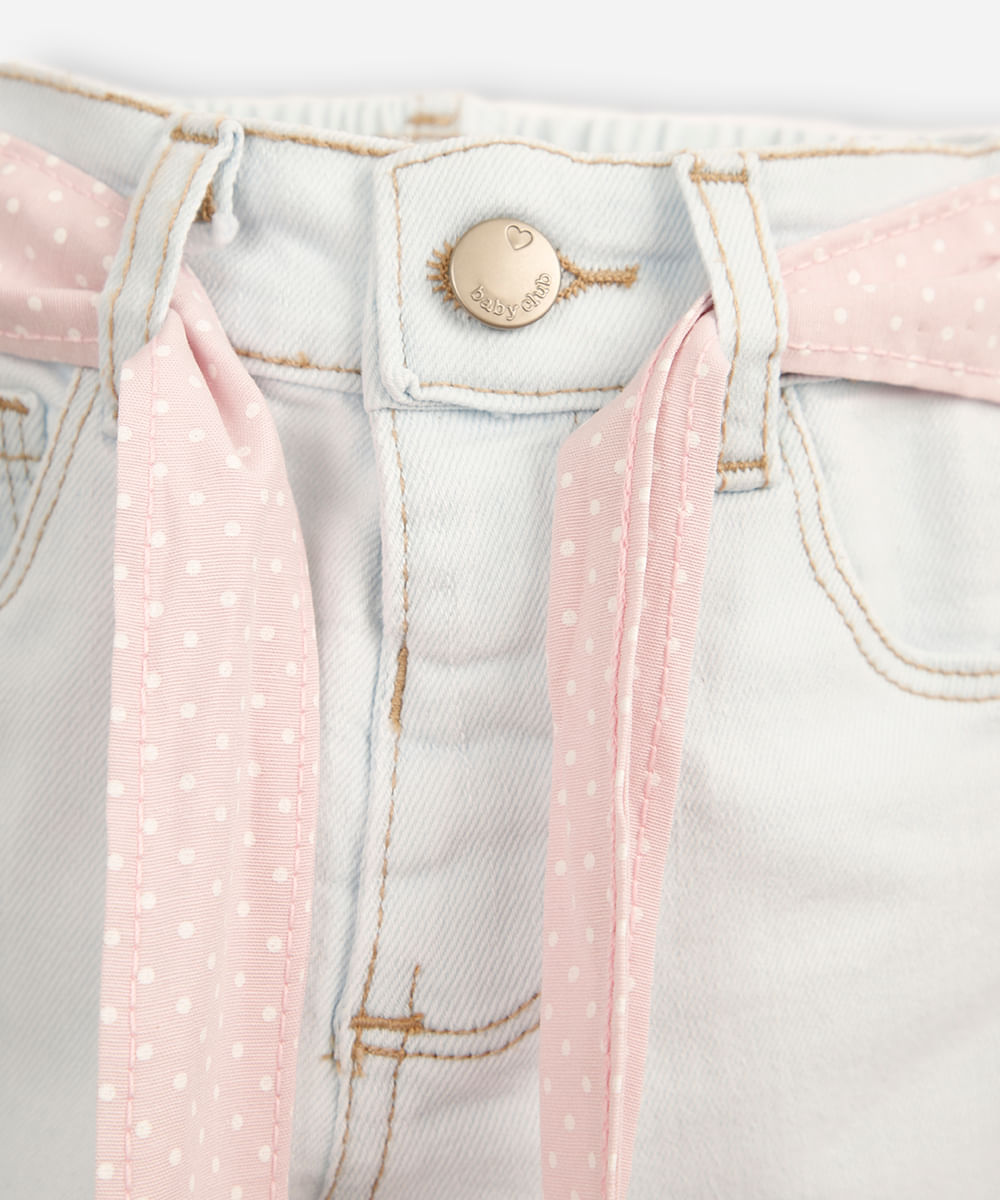 calça skinny infantil jeans com faixa poá azul