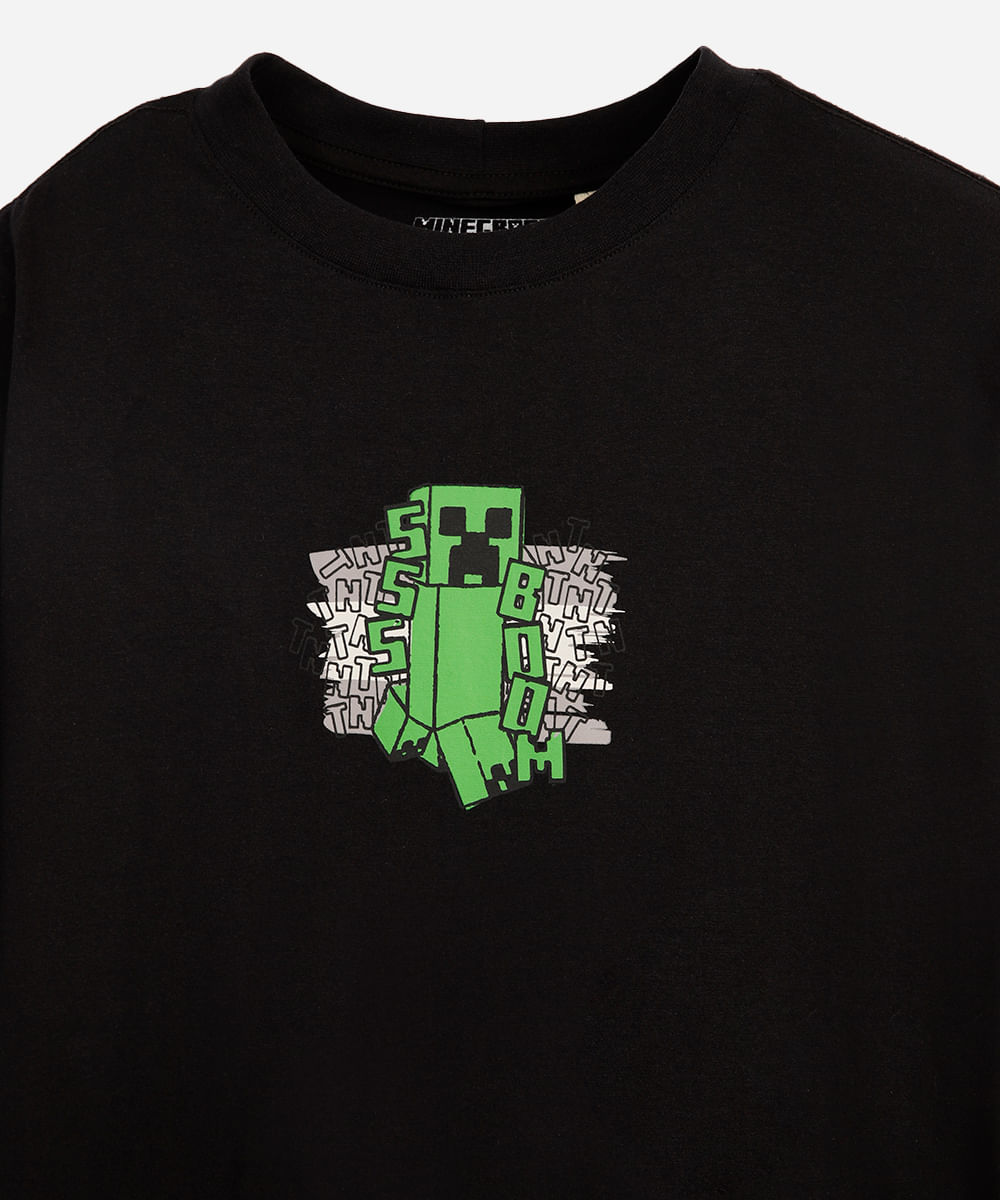 camiseta de algodão juvenil manga curta minecraft preta