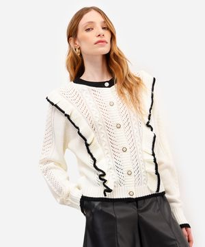cardigan feminino de tricot com babado off white