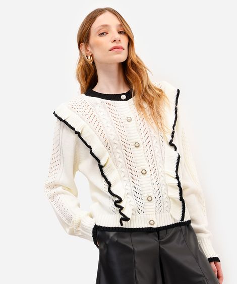 cardigan feminino de tricot com babado off white