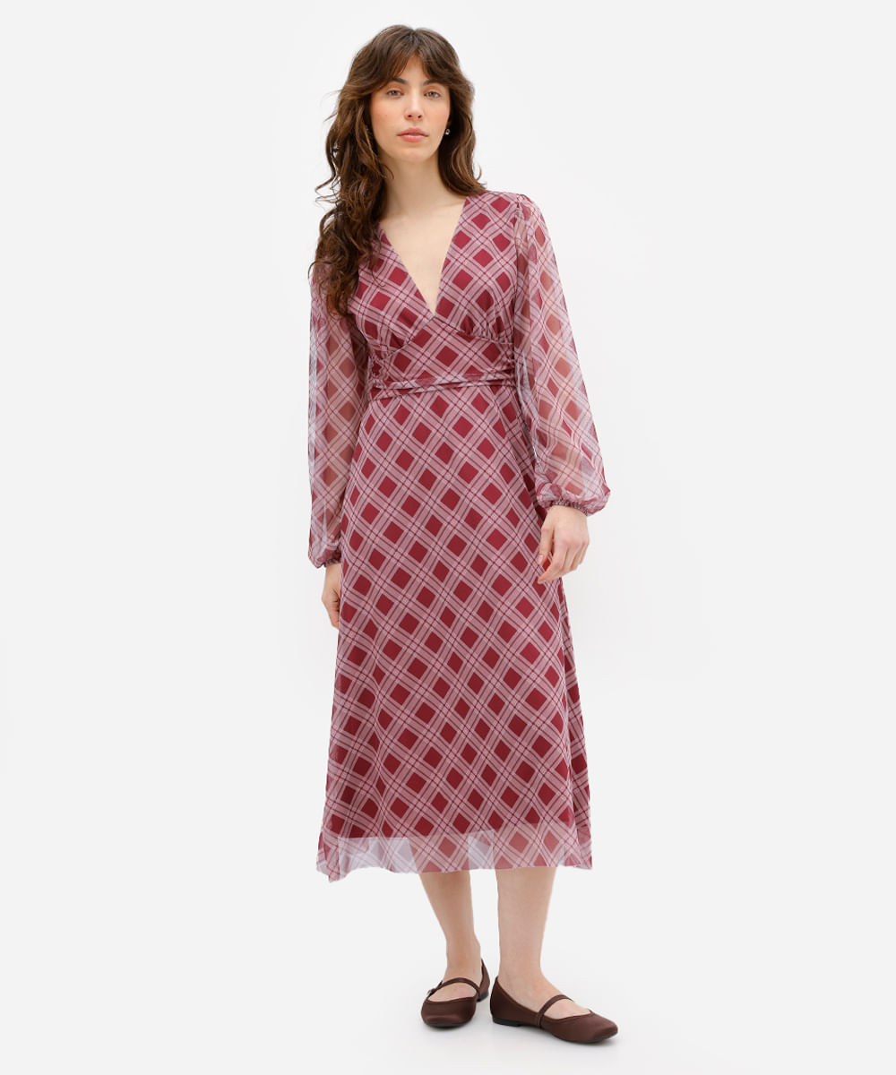 vestido midi feminino de tule xadrez vinho