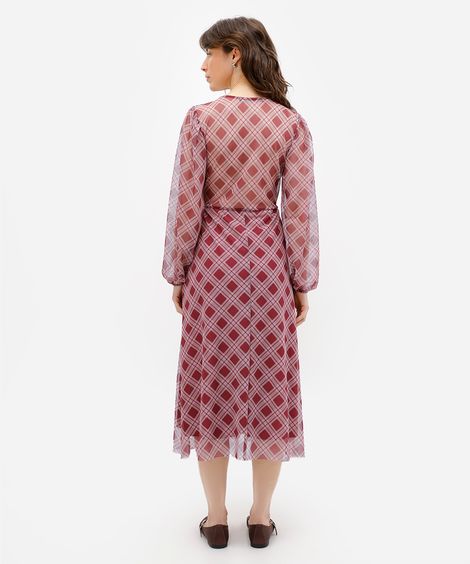 vestido midi feminino de tule xadrez vinho