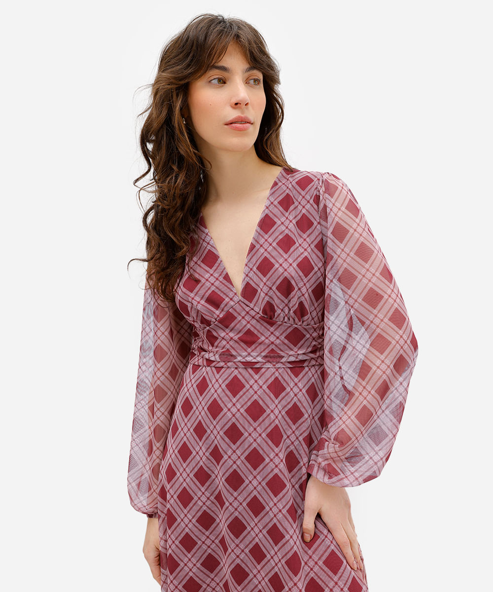 vestido midi feminino de tule xadrez vinho