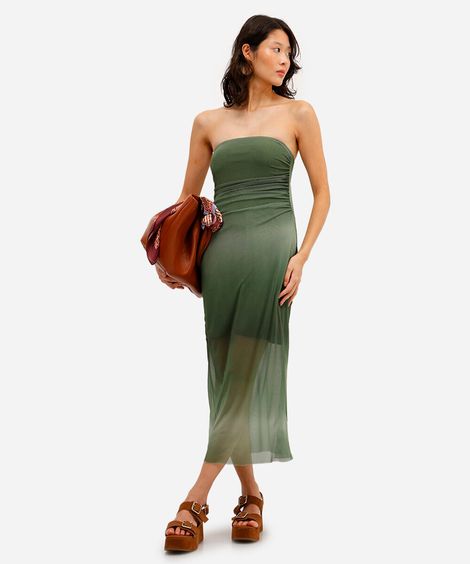 vestido midi feminino de tule com franzido degradê verde