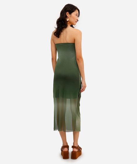 vestido midi feminino de tule com franzido degradê verde