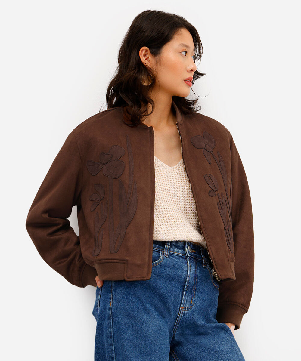 jaqueta bomber feminina de suede bordada marrom