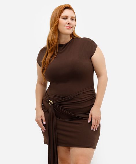 vestido curto com transpasse franzido mindset plus size marrom