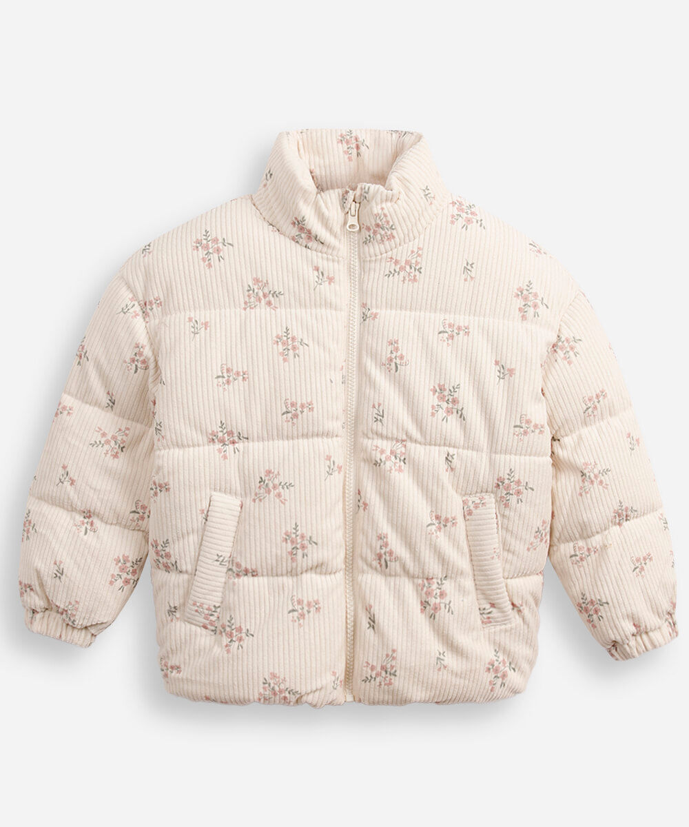 jaqueta puffer infantil de veludo floral colorida