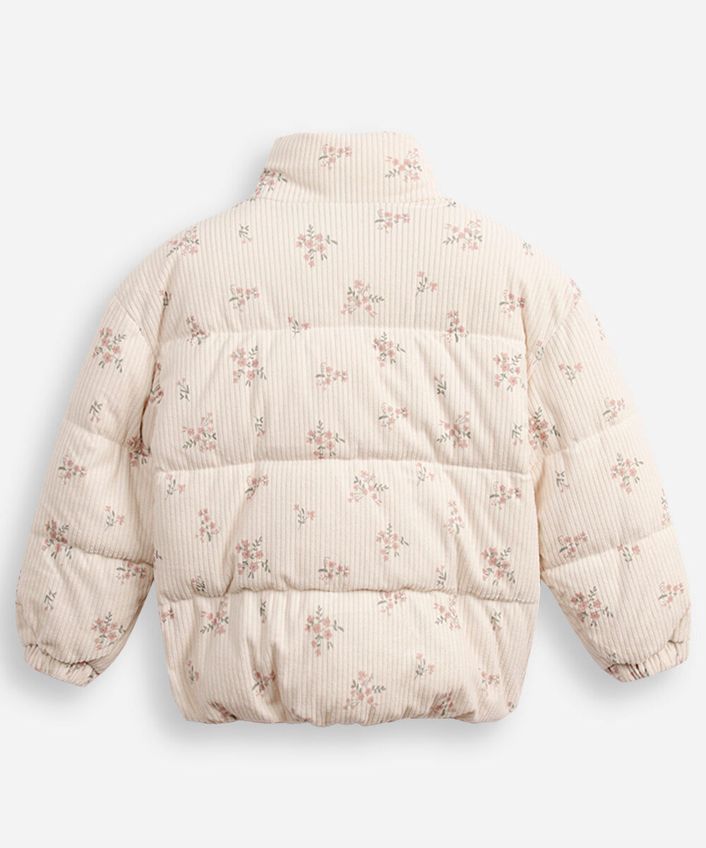 jaqueta puffer infantil de veludo floral colorida