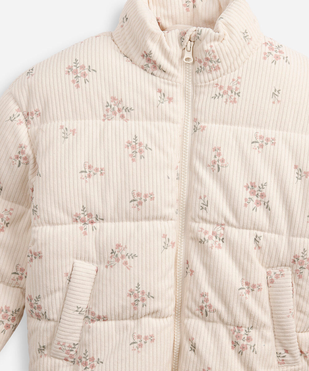 jaqueta puffer infantil de veludo floral colorida