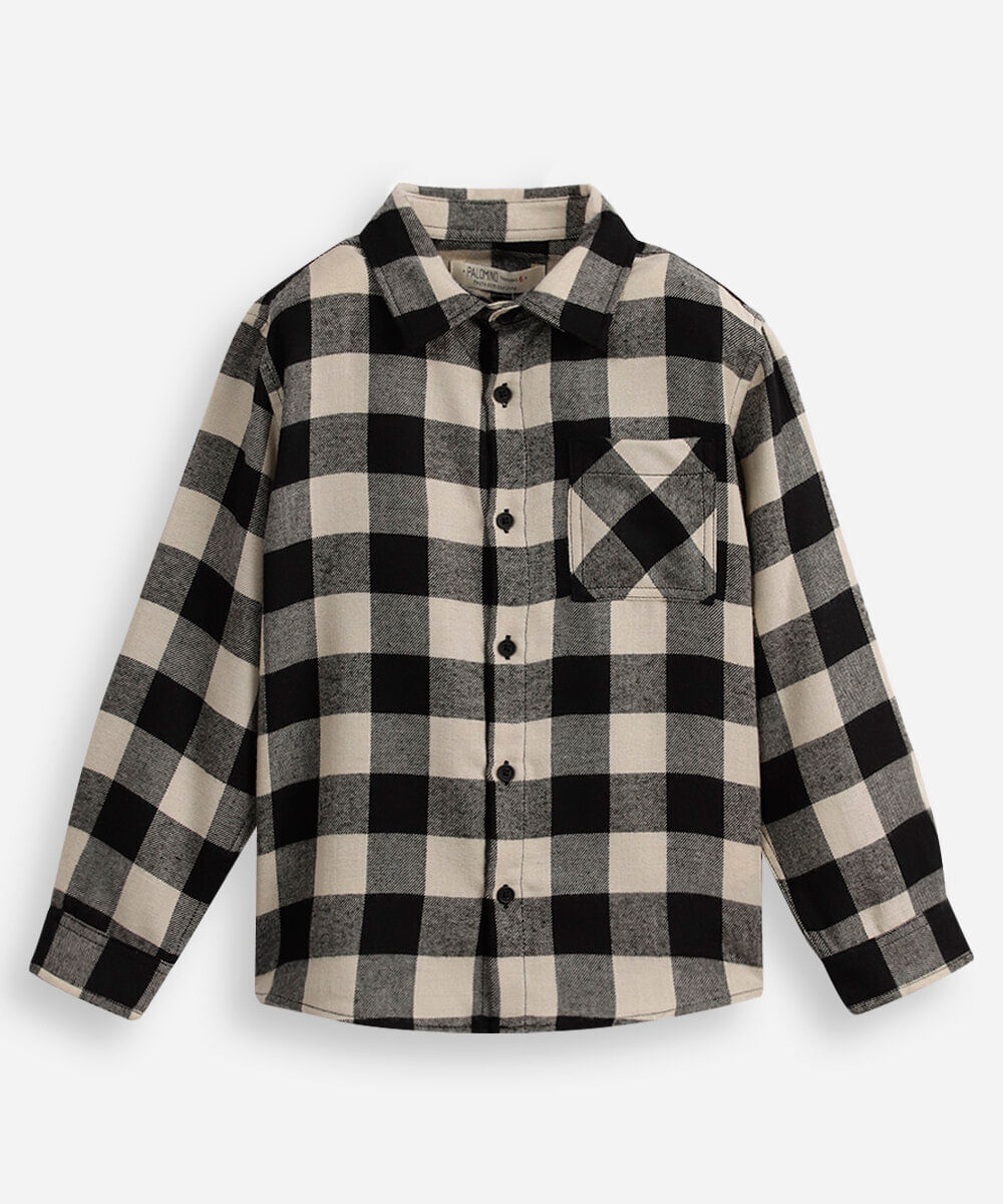 camisa de algodão infantil manga longa xadrez preta