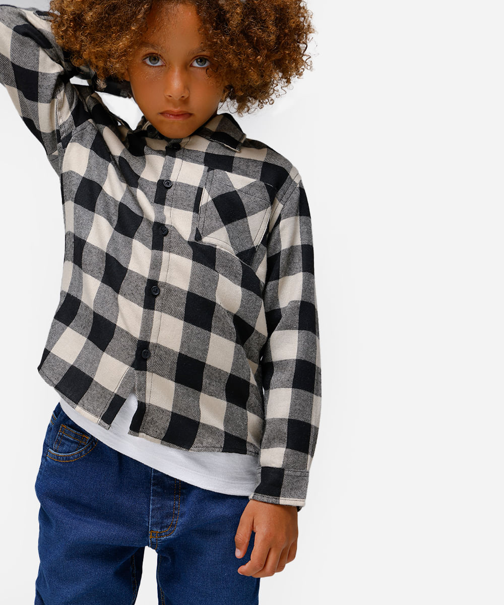 camisa de algodão infantil manga longa xadrez preta