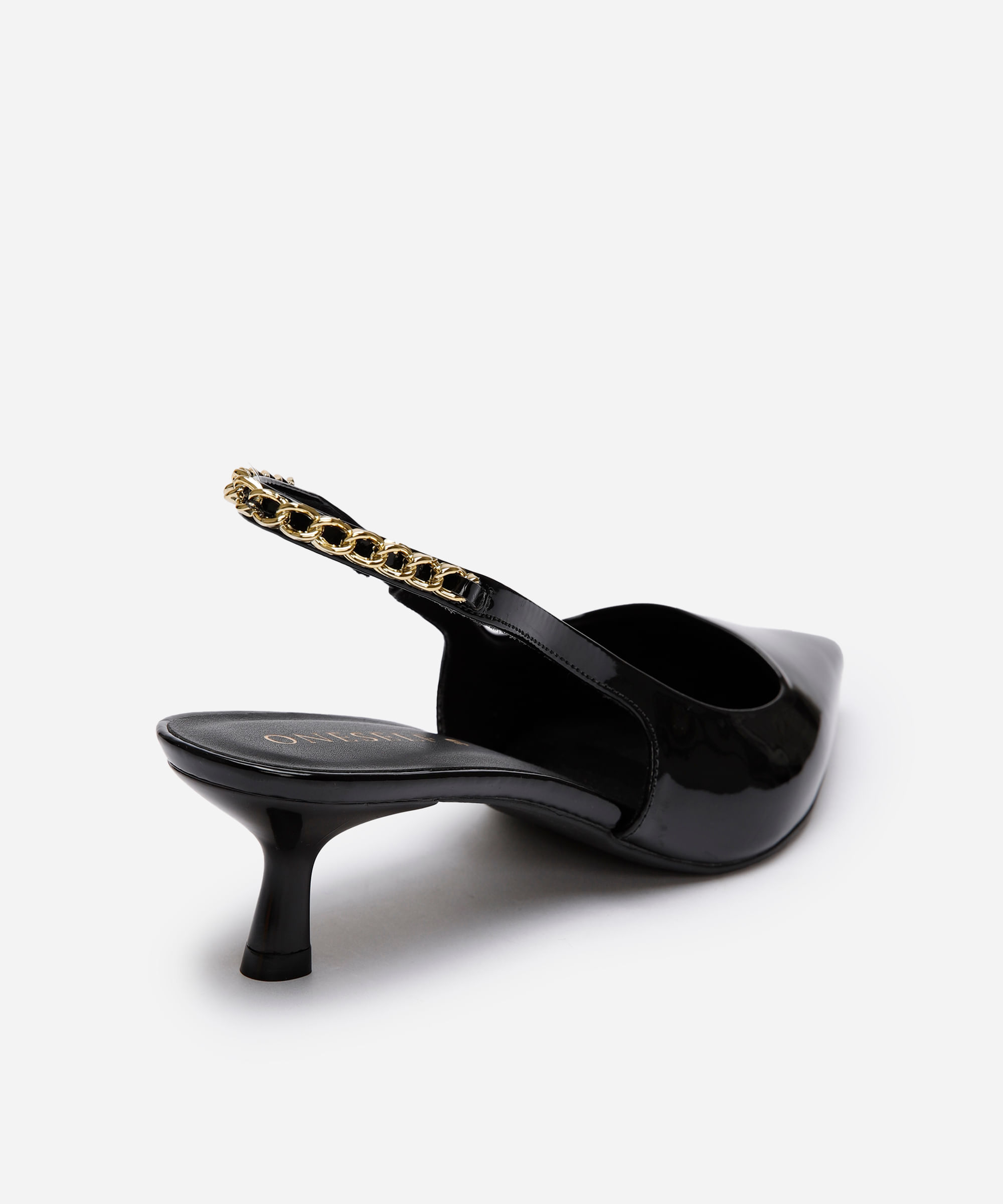 scarpin bico fino corrente salto baixo oneself preto