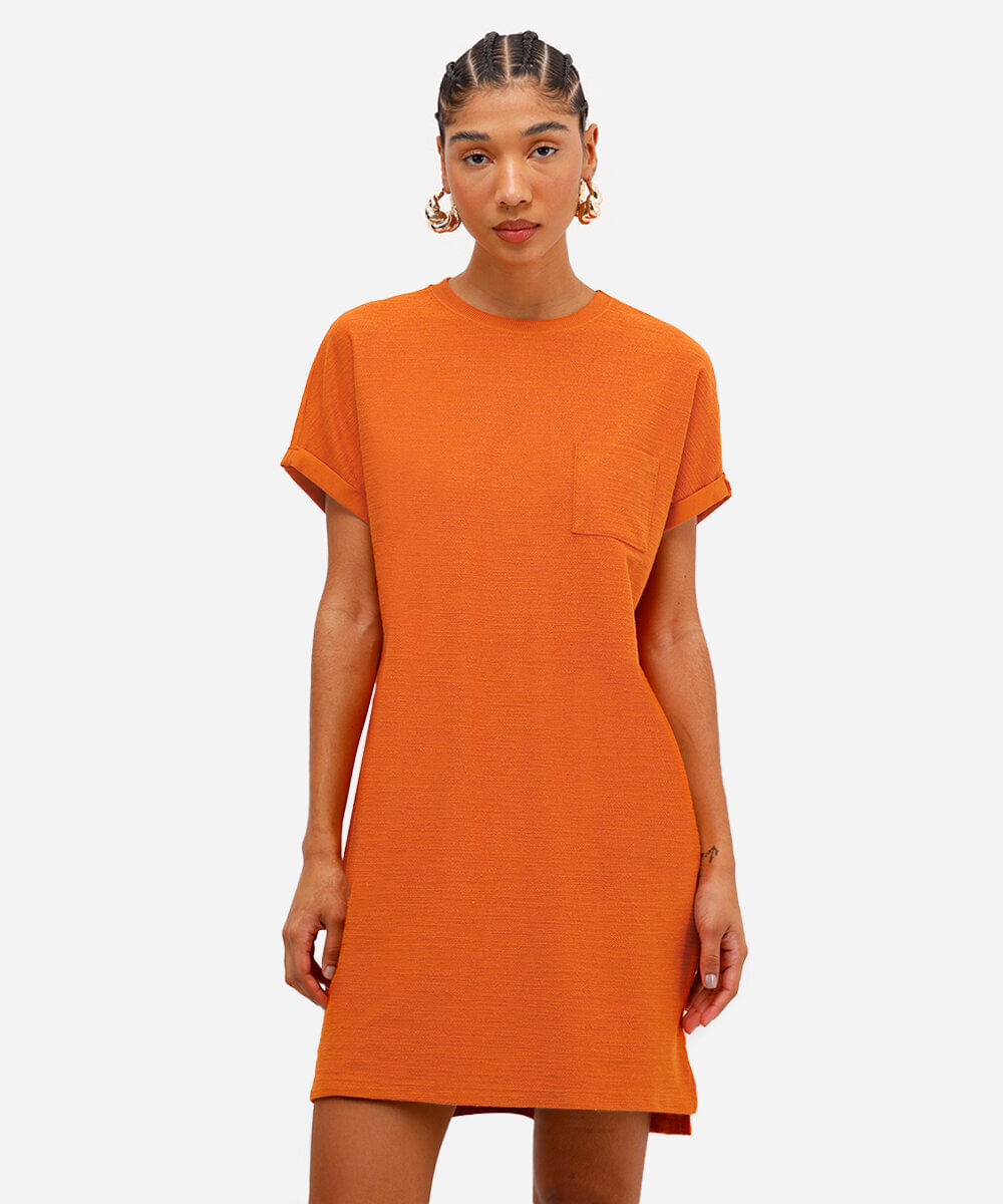 vestido curto feminino básico flamê manga curta laranja