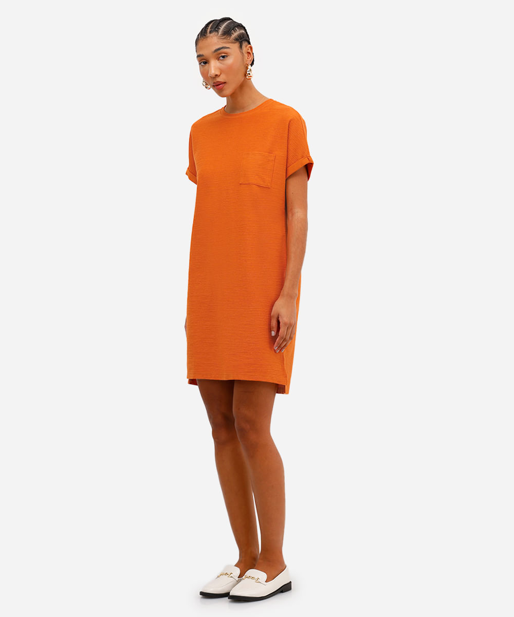 vestido curto feminino básico flamê manga curta laranja