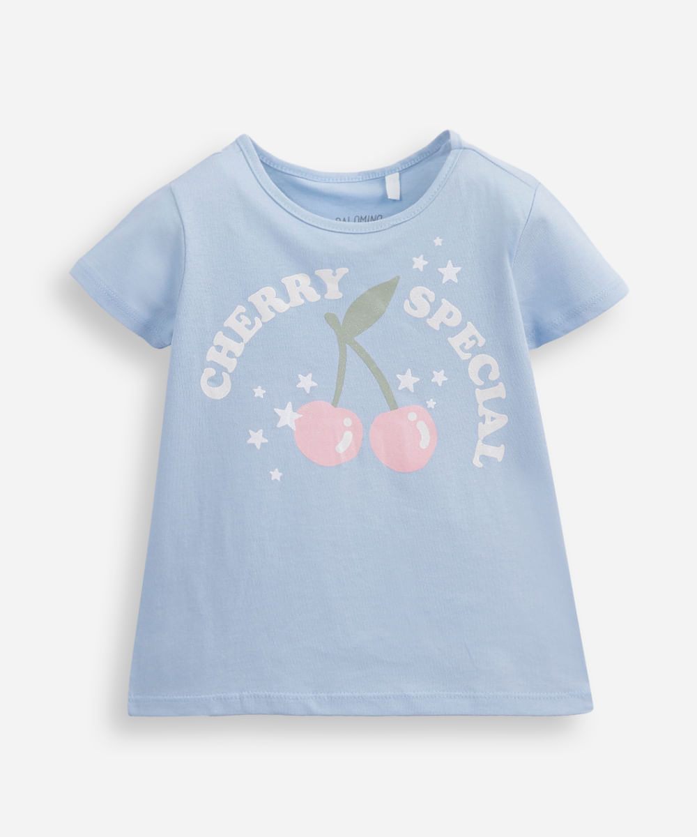 camiseta de algodão infantil manga curta cerejinha azul