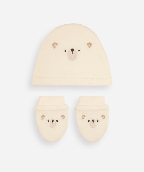 kit bebê touca e luva urso off white