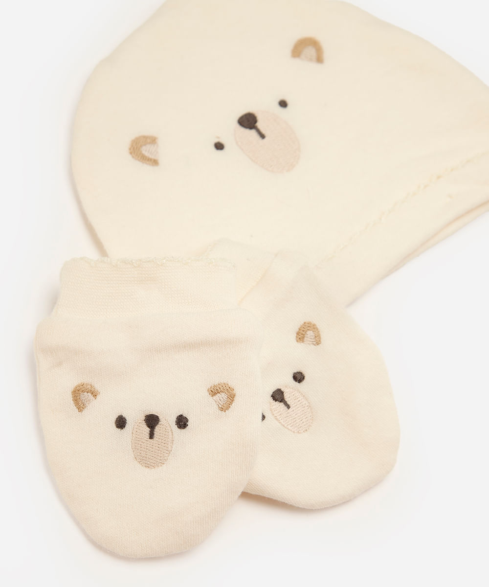 kit bebê touca e luva urso off white