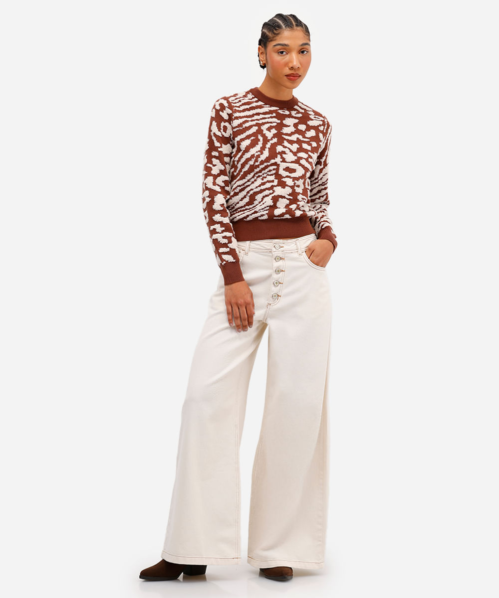 suéter feminino de tricot animal print marrom